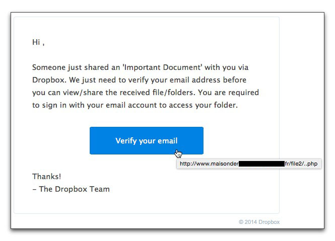 Fake Dropbox email message