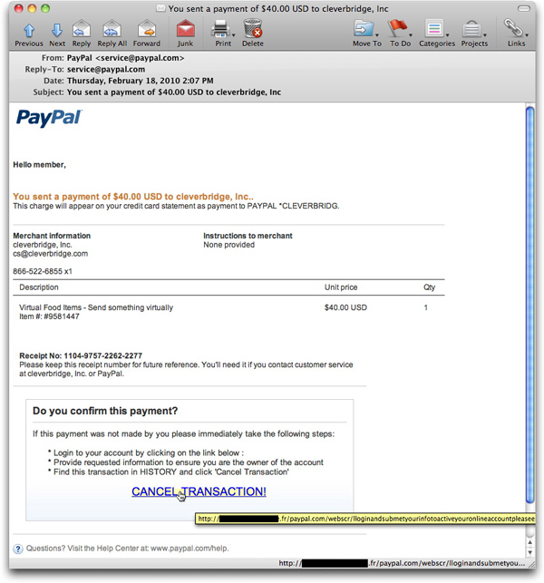 Phony PayPal payment notice