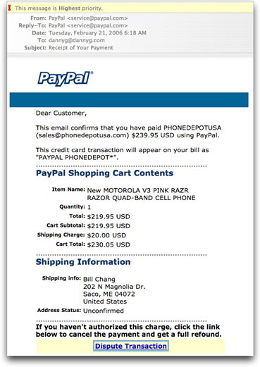 PayPal phishing email message