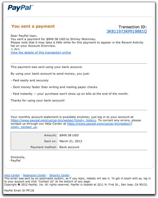 Fake PayPal payment email