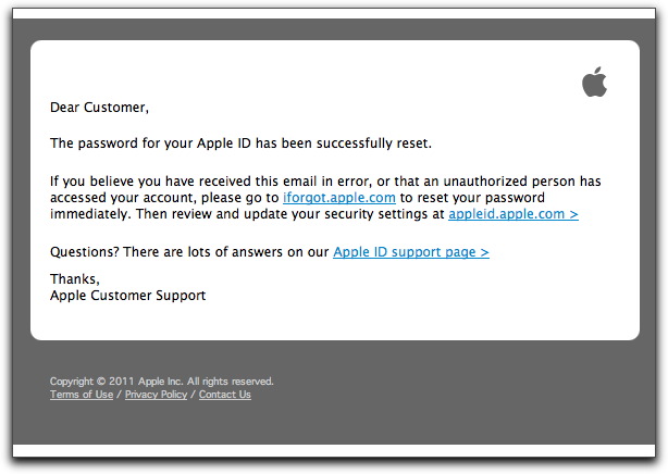 Fake Apple ID reset message