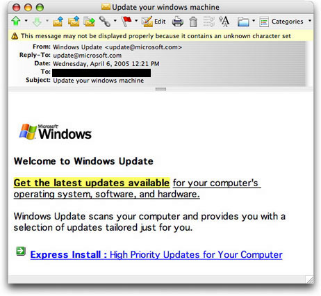 Windows Update Phishing Message