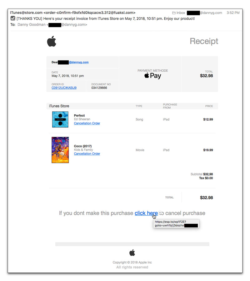 iTunes Receipt Phishing email