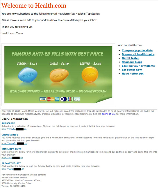 Fake Health.com spam message