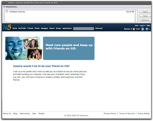 Fake hi5.com invitation