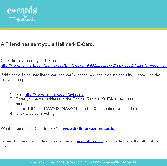 Fake Hallmark e-card notice.