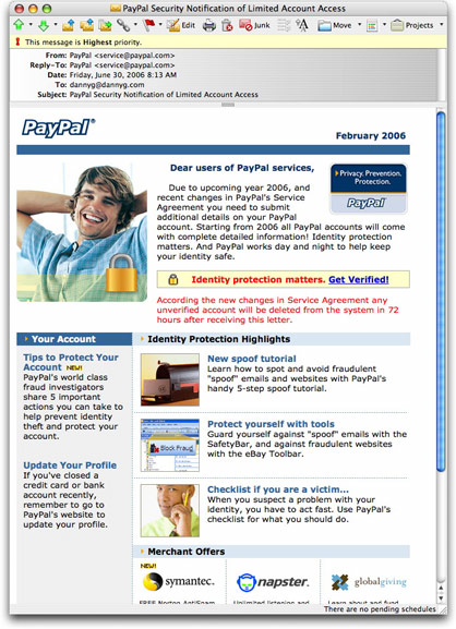 PayPal phishing email message