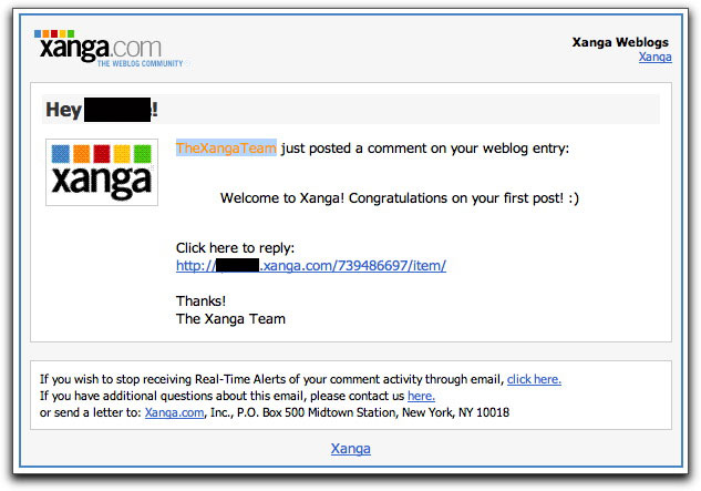 Fake Xanga email message
