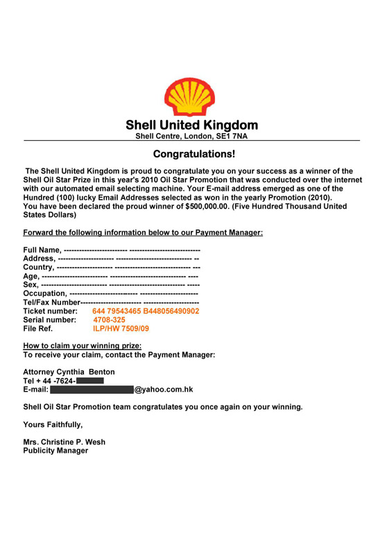 Phony Shell Oil winning claim form