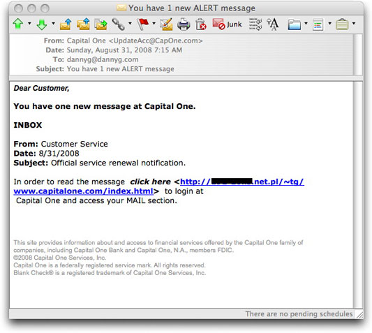 Capital One mail system phishing message