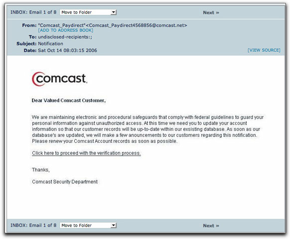 Comcast phishing message