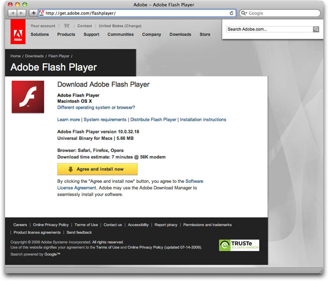 Fake Adobe Flash download page