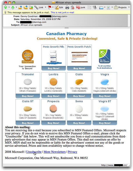 Horrible, horrible Canadian Pharmacy spam message