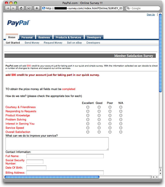 Phony PayPal survey page - top
